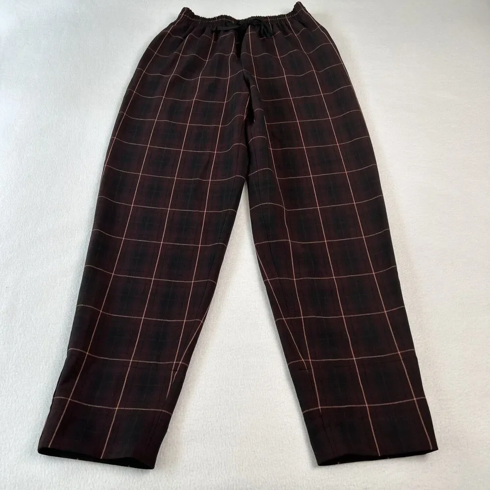 Checked Elastic-Waist Trousers - Burgundy Pink - Picture 2 of 7
